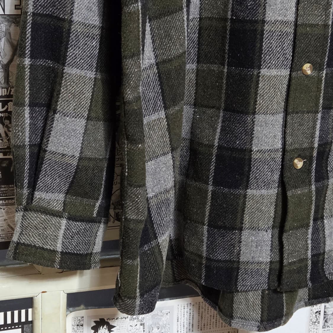 일본 빈티지 카키 그레이 아메카지 체크 셔츠 상품이미지4