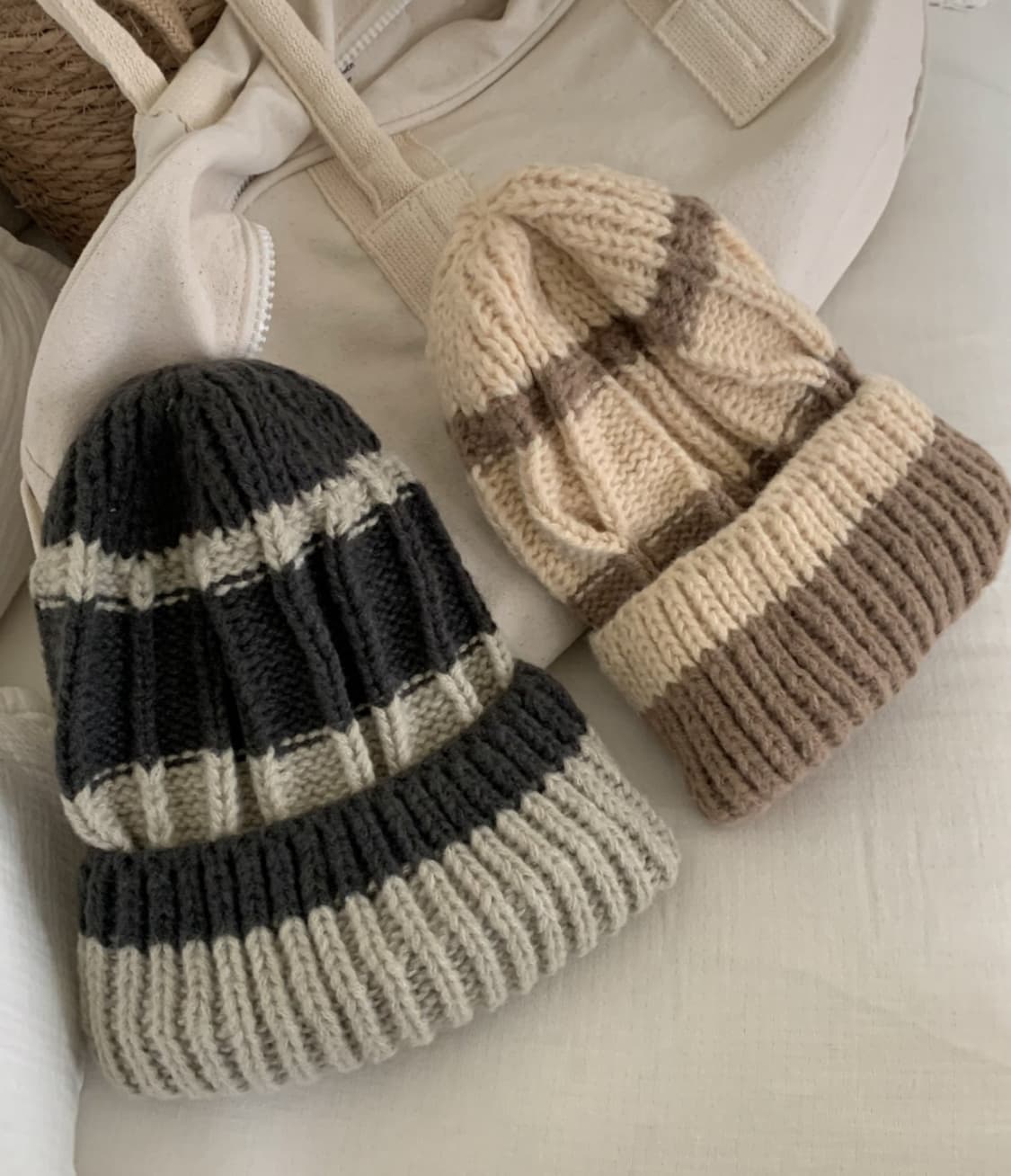 줄무늬 왕골지 배색 니트 비니 모자 (새상품) 상품이미지2