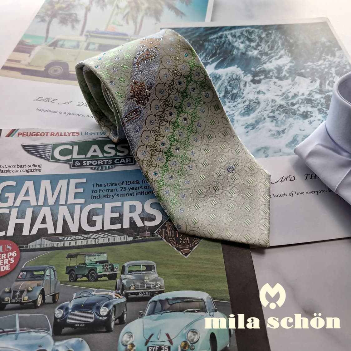 밀라숀 실크 그린 기하 패턴 넥타이 9.2cm A등급 A18375
 상품이미지1