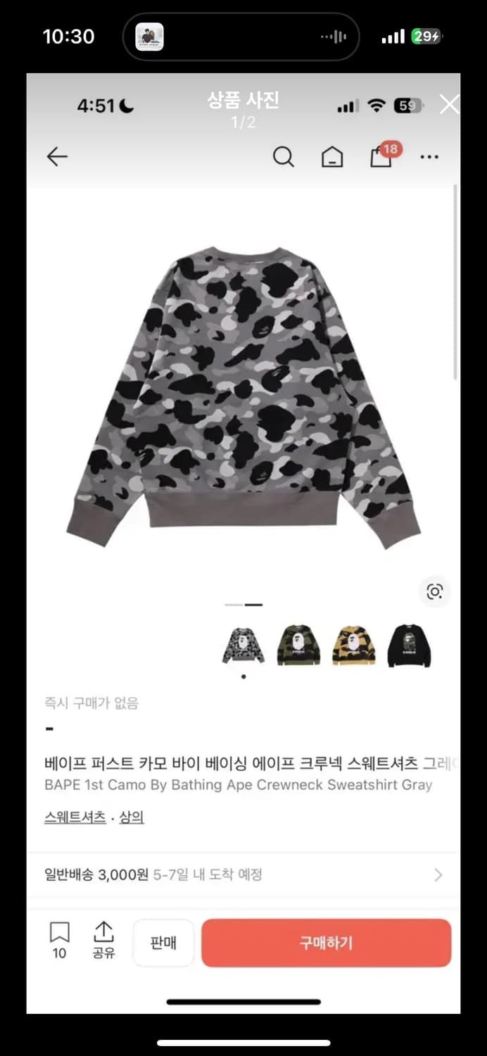 베이프 퍼스트 카모 바이 베이싱 에이프 크루넥 스웨트셔츠 맨투맨 그레이 상품이미지2