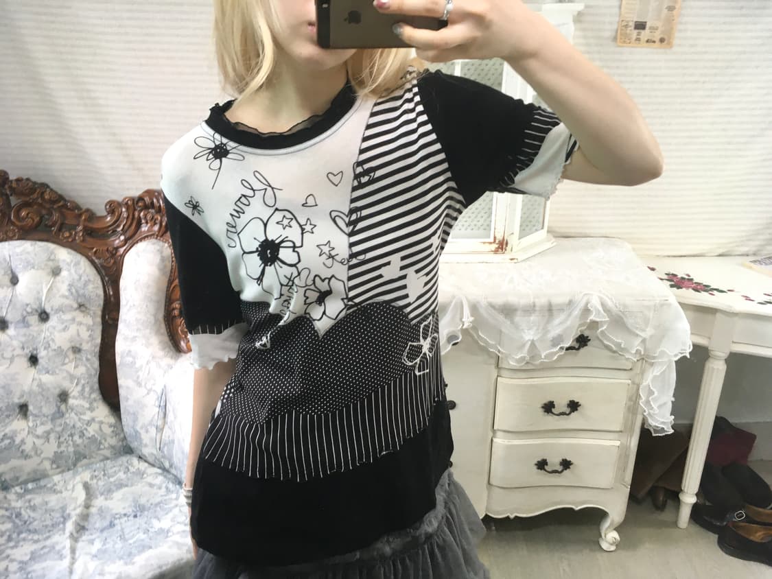 일본빈티지 도트 스트라이프 괴짜 프린팅 블라우스 상품이미지1