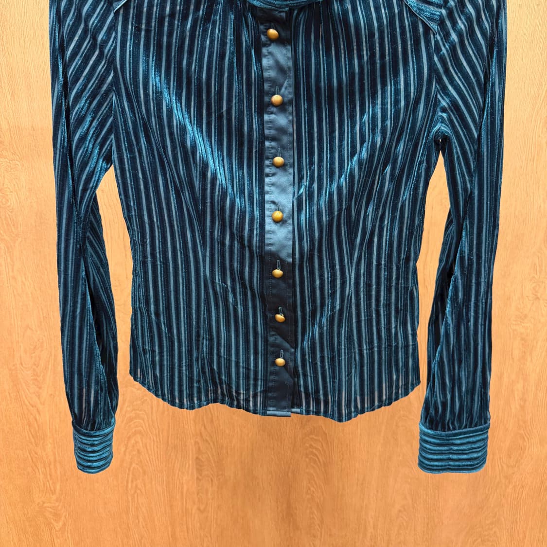 빈티지 하이넥 스트라이프 자켓 벨벳 어깨 견장 디테일 레귤러핏 그린 상품이미지5