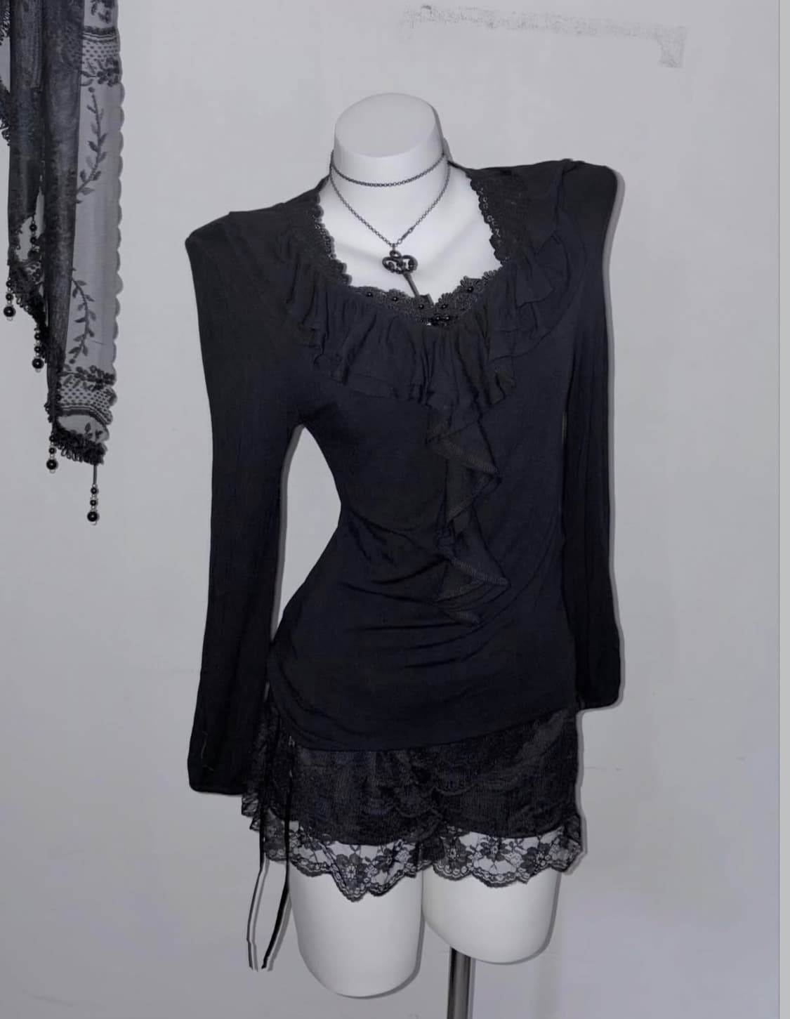 공겜여주 러플블라우스 2피스 긱시크 블랙모리 도쿄 고스 로리 고딕  상품이미지5