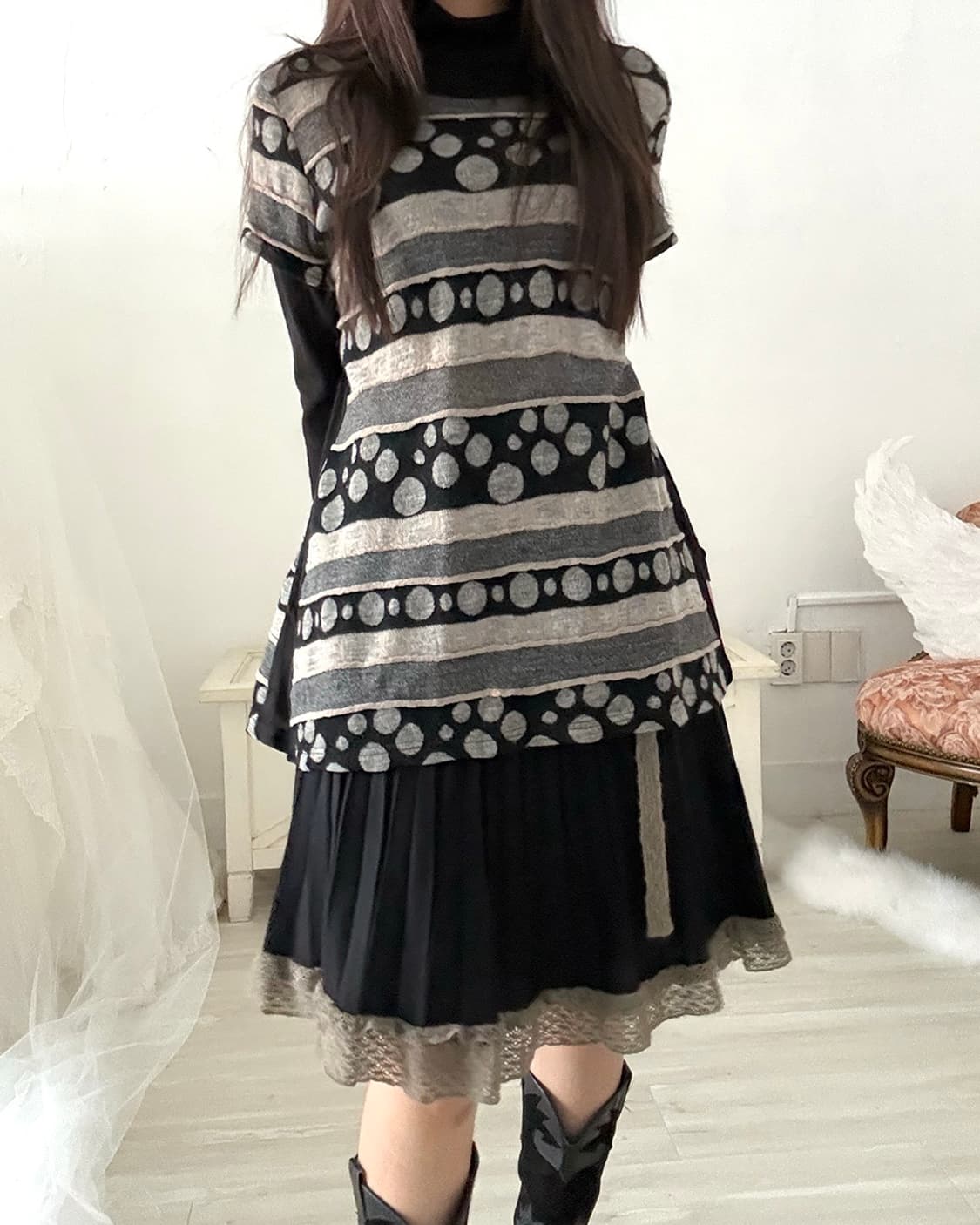 Dot stripe layered knit top 상품이미지7