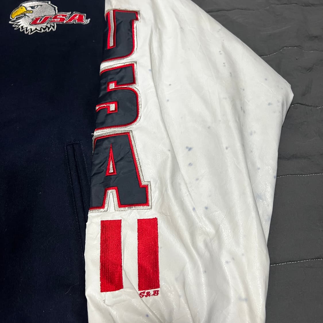 USA 성조기, 독수리 자수 소가죽 레더 바시티 상품이미지3