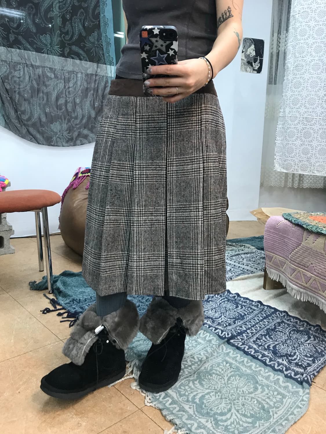빈티지 여성 체크 모직 미디스커트  상품이미지1