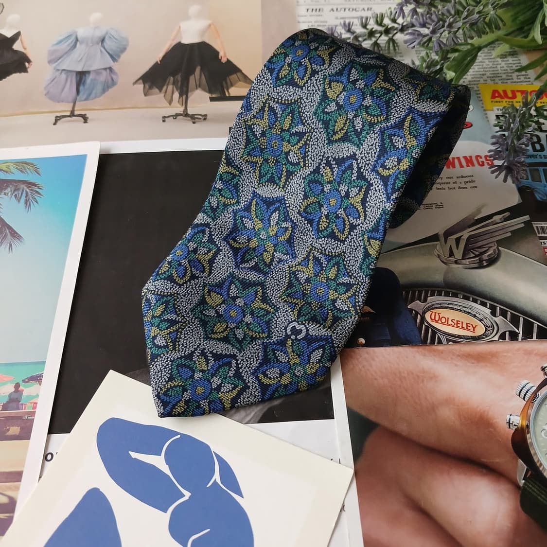 밀라숀 실크 블루 플로럴 패턴 넥타이 8.7cm A+등급 A19879 상품이미지3