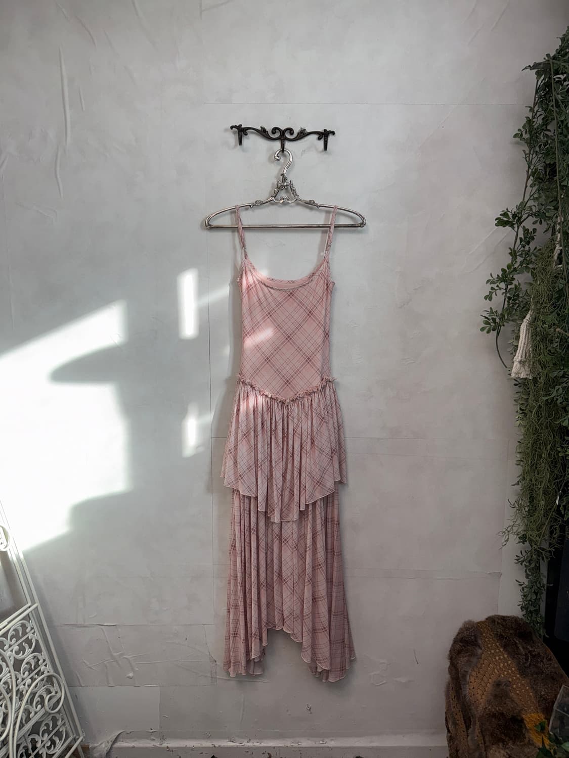 Baby pink check chiffon layered ops 상품이미지4