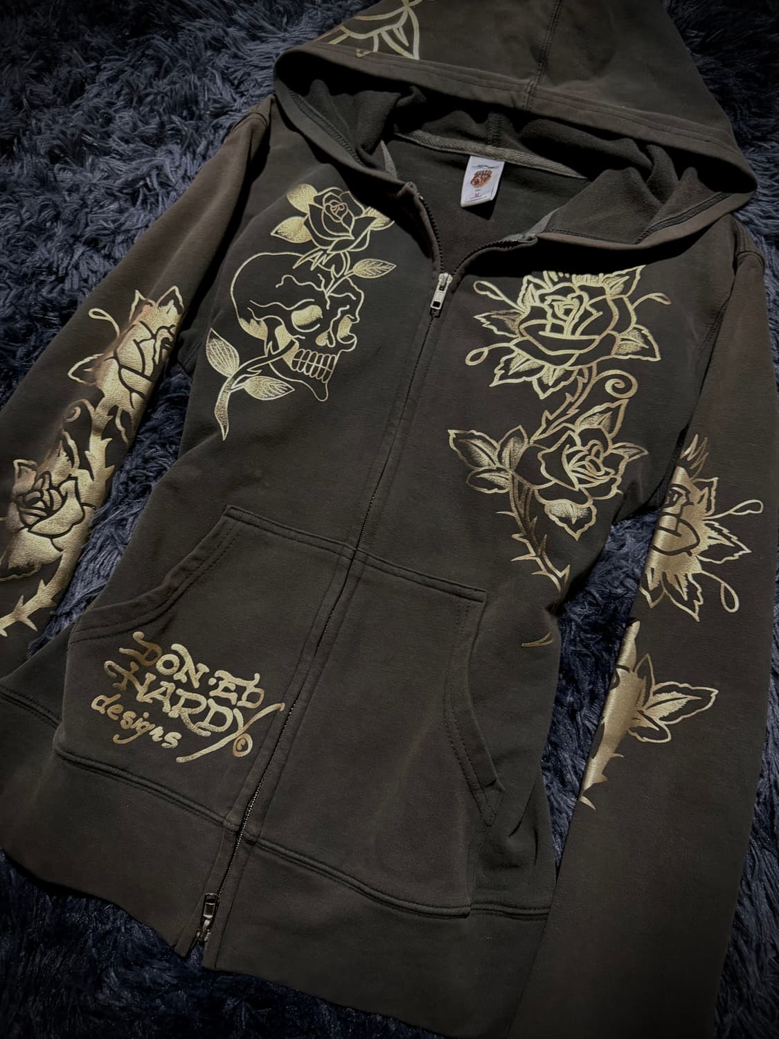 Ed Hardy 카키 올드스쿨 장미 프린팅 큐빅 디테일 후드집업 상품이미지3