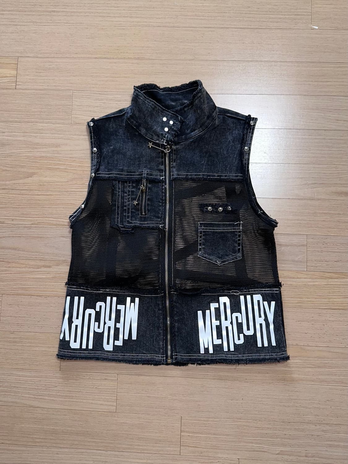 일본빈티지 y2k 그런지펑크 흑청/메쉬 혼합 조끼 상품이미지1