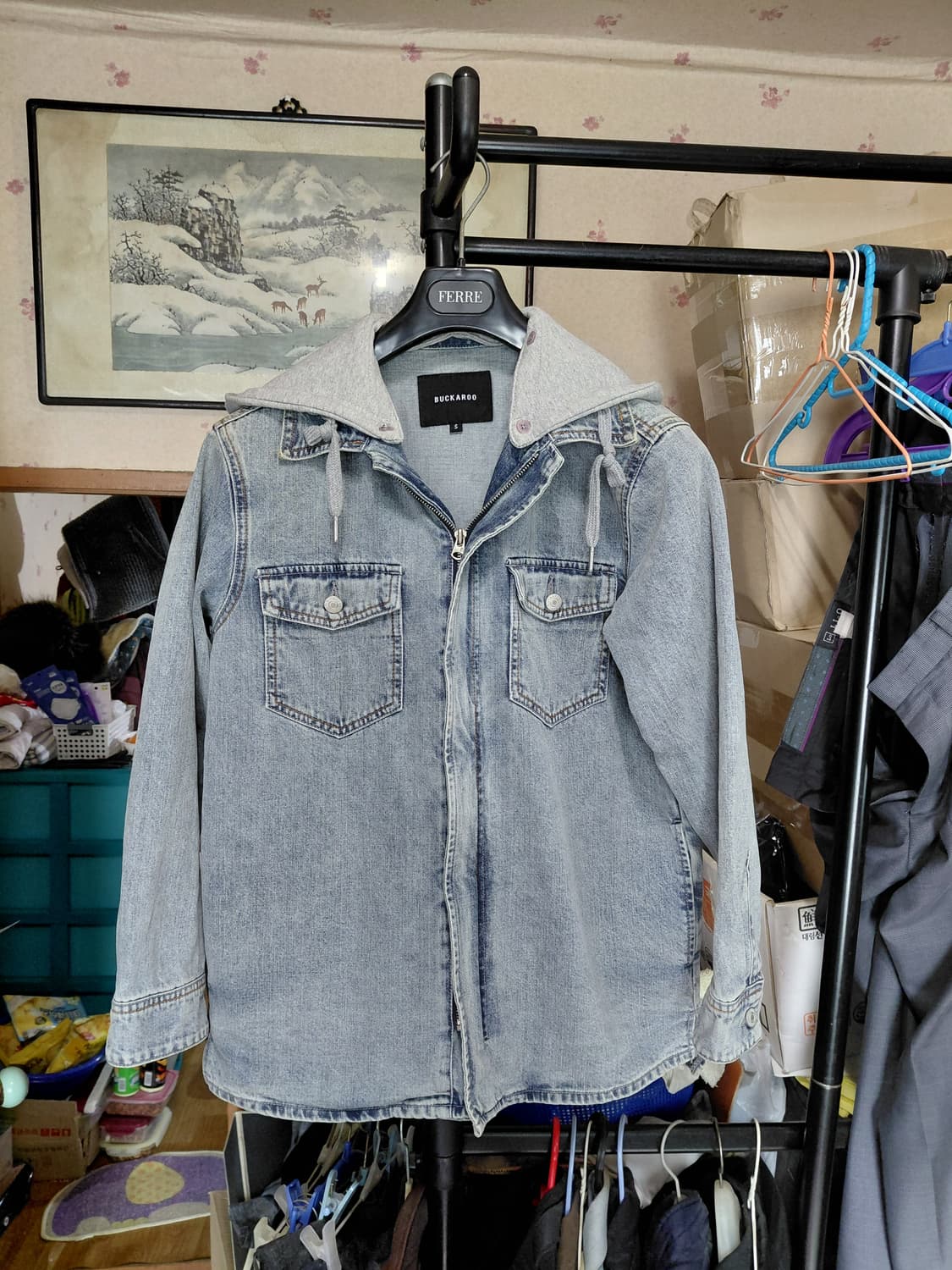 [버커루]남녀공용 오버핏 데님 후드 셔켓 S사이즈 상품이미지1