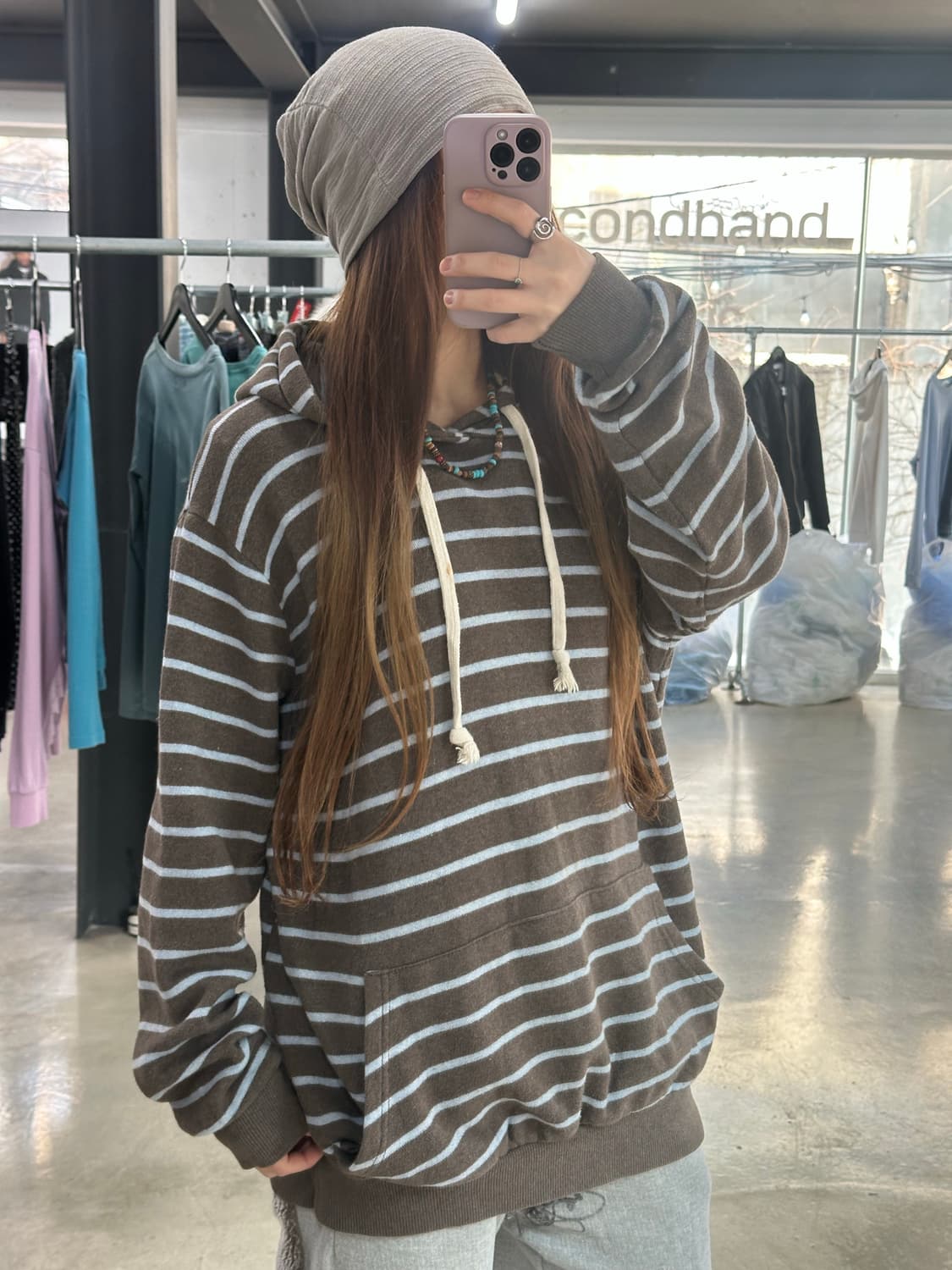 브라운소라 스트라이프 후드티 상품이미지1