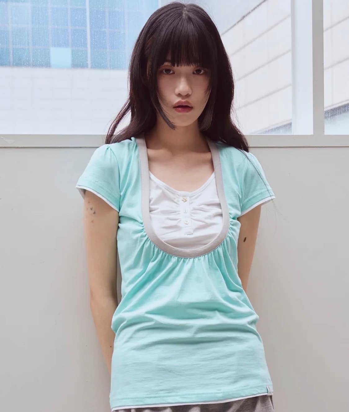 오피쉬 Shirring U neck T-shirts, Mint 상품이미지1