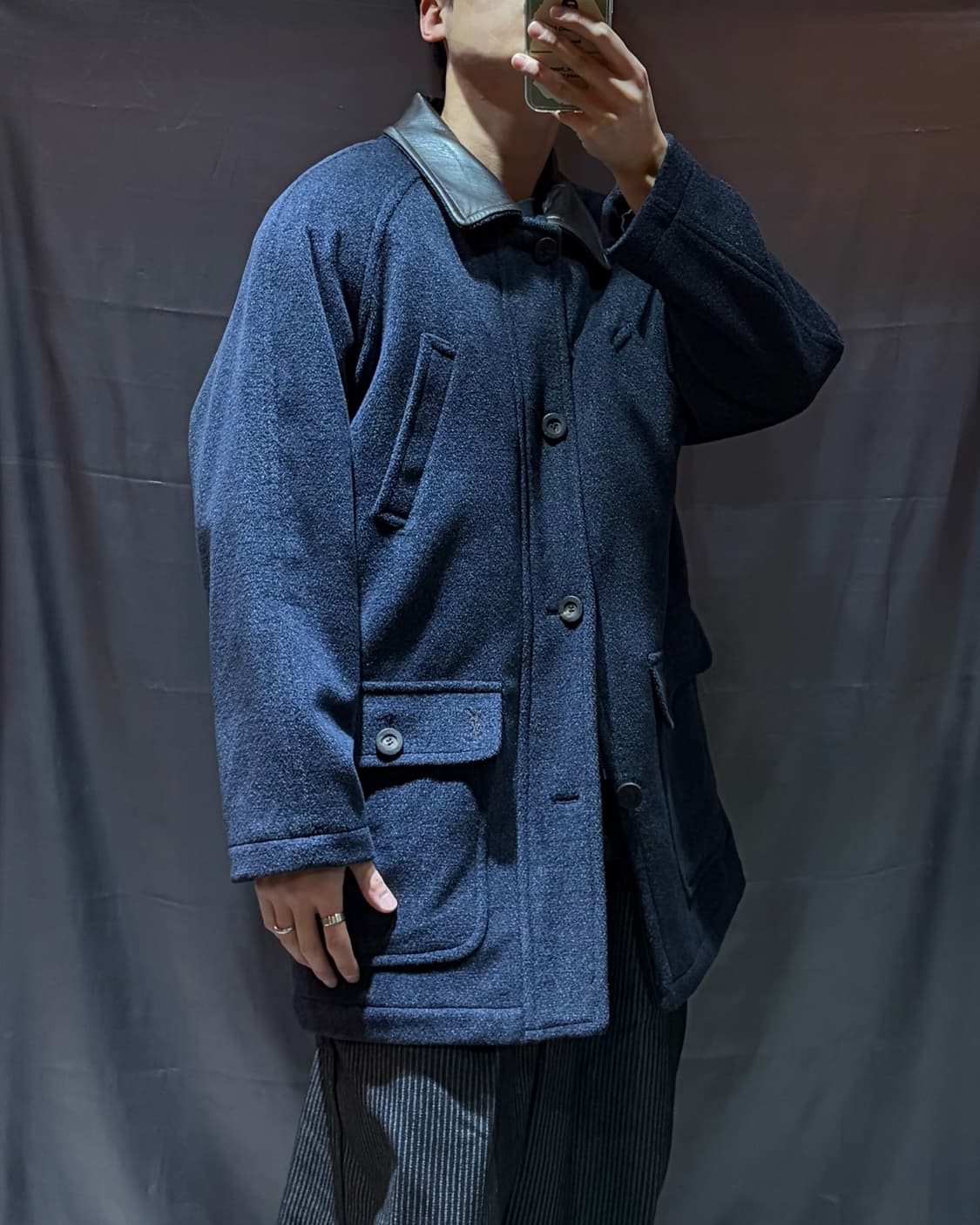 L YSL 입생로랑 레더카라 투포켓 블루그레이 미들코트 상품이미지1