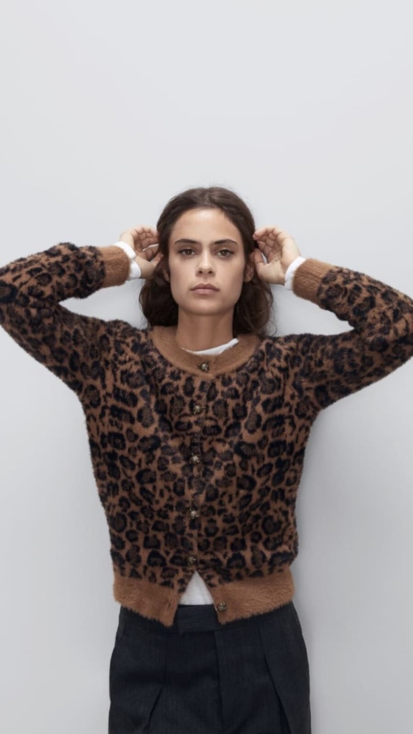 [L] ZARA 자라 애니멀 레오파드 호피 자카드 니트 가디건 상품이미지1
