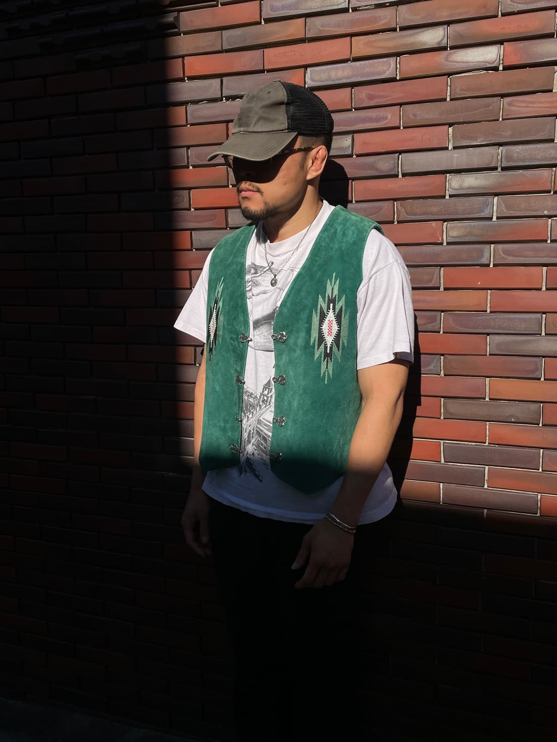 Vintage Aztec pattern suede green vest 상품이미지1