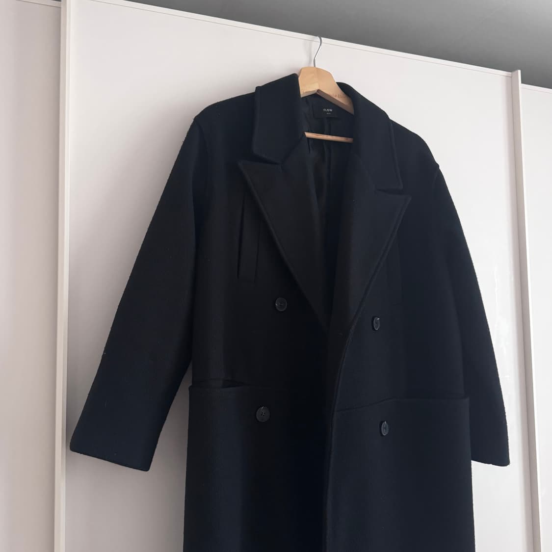 Vintage 블랙 더블 울 모직 롱 코트 (실착샷 O) 상품이미지4