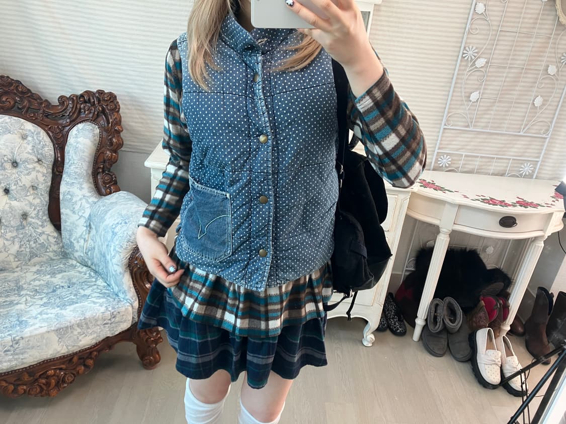 일본빈티지 리버시블 데님 도트 누빔 베스트 상품이미지3