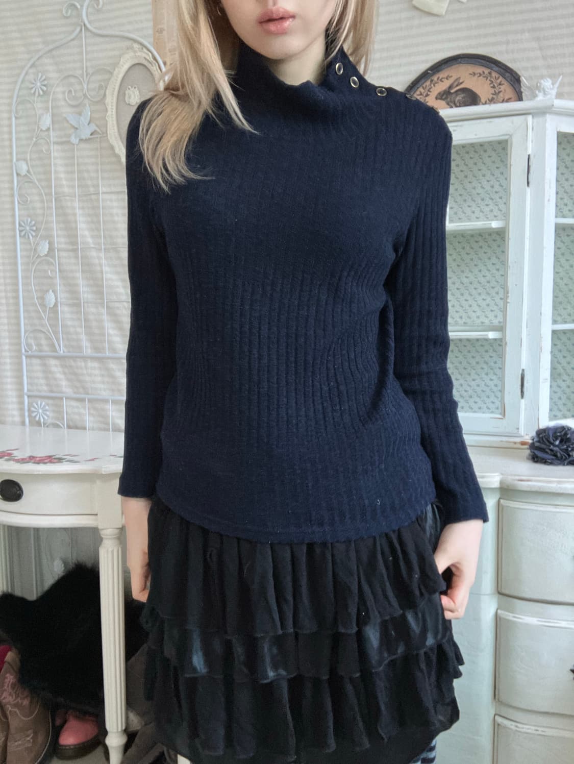 일본빈티지 네이비 사이드 버튼 풀오버 니트 상품이미지1