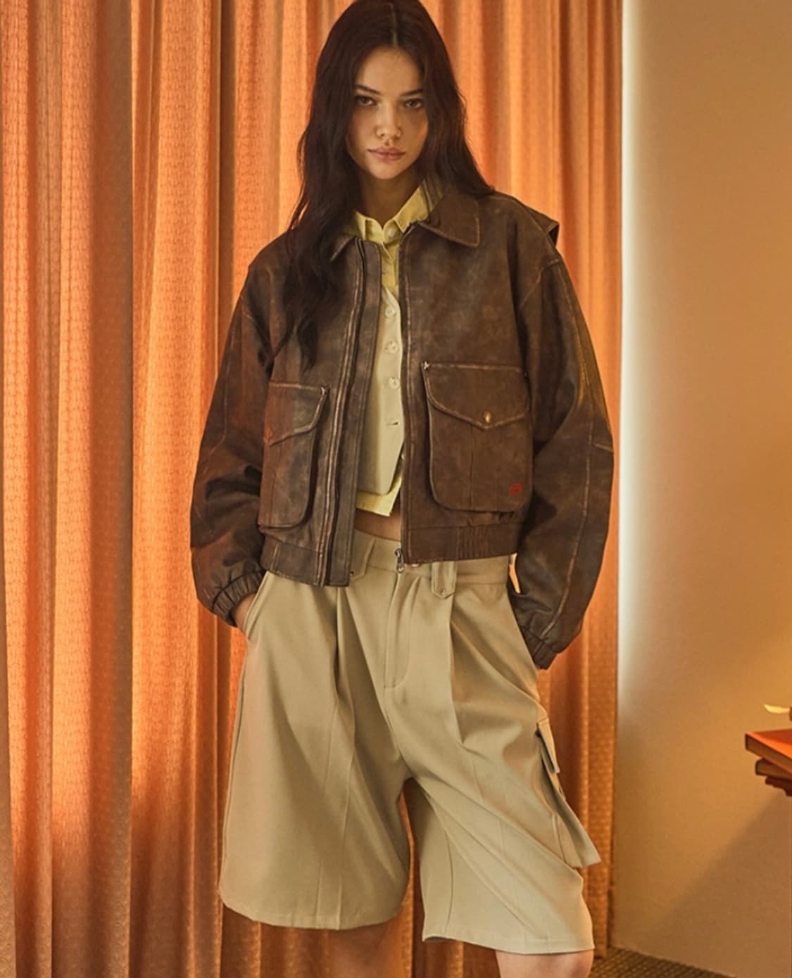 비터셀즈 스타 레더 자켓(워시드)(크롭핏)-브라운 상품이미지3