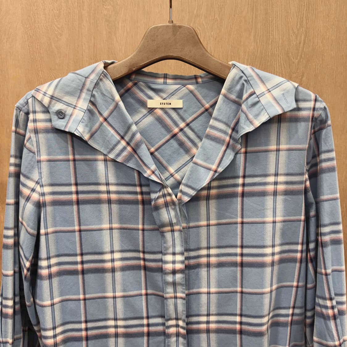 시스템 오픈카라 체크 셔츠 히든 버튼 플래킷 컬러 배색 블루 상품이미지4
