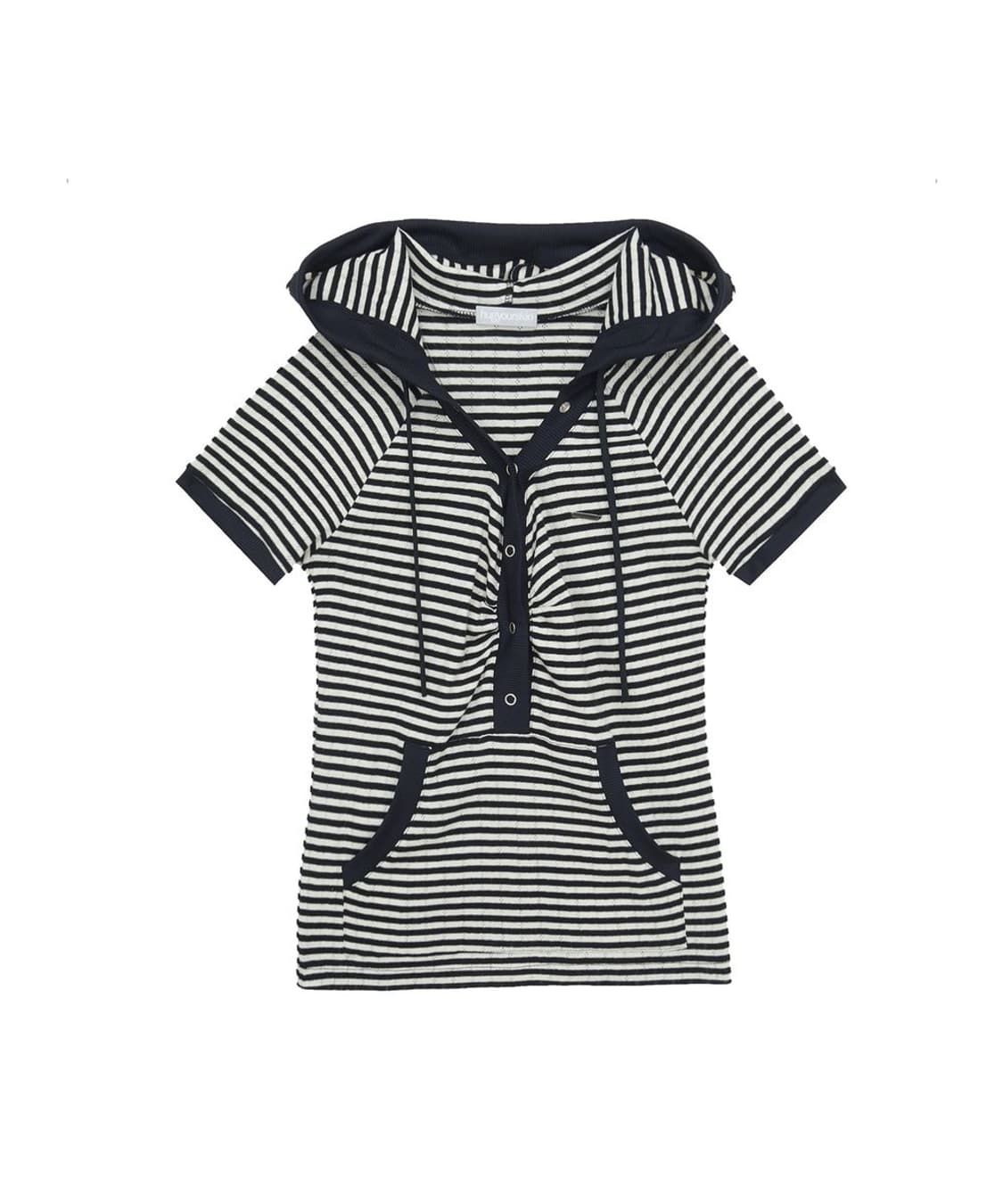 허그유어스킨 스트라이프 반팔 후드티 블랙 상품이미지1