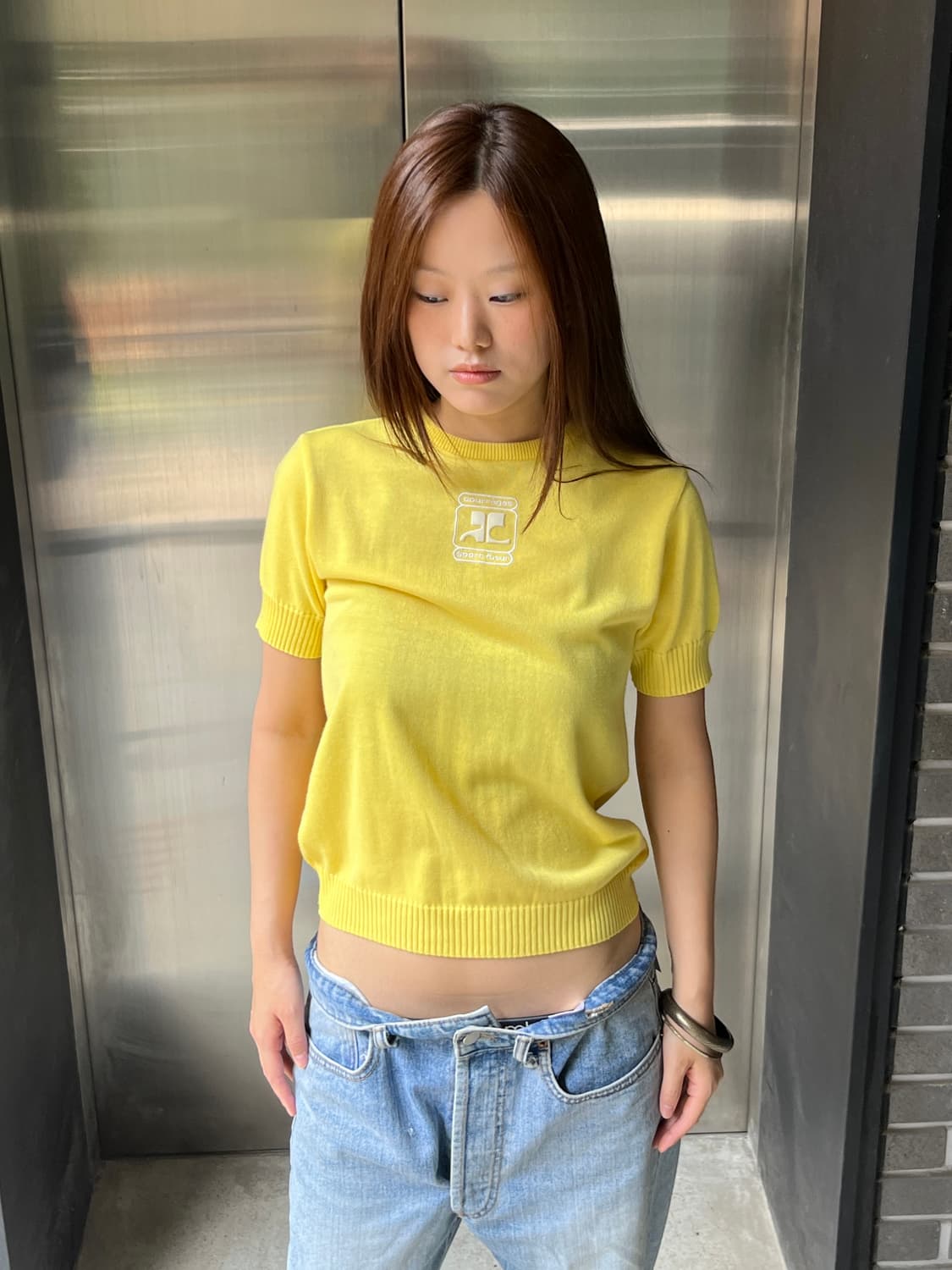00s Courreges 꾸레쥬 로고 탑 옐로우 상품이미지1