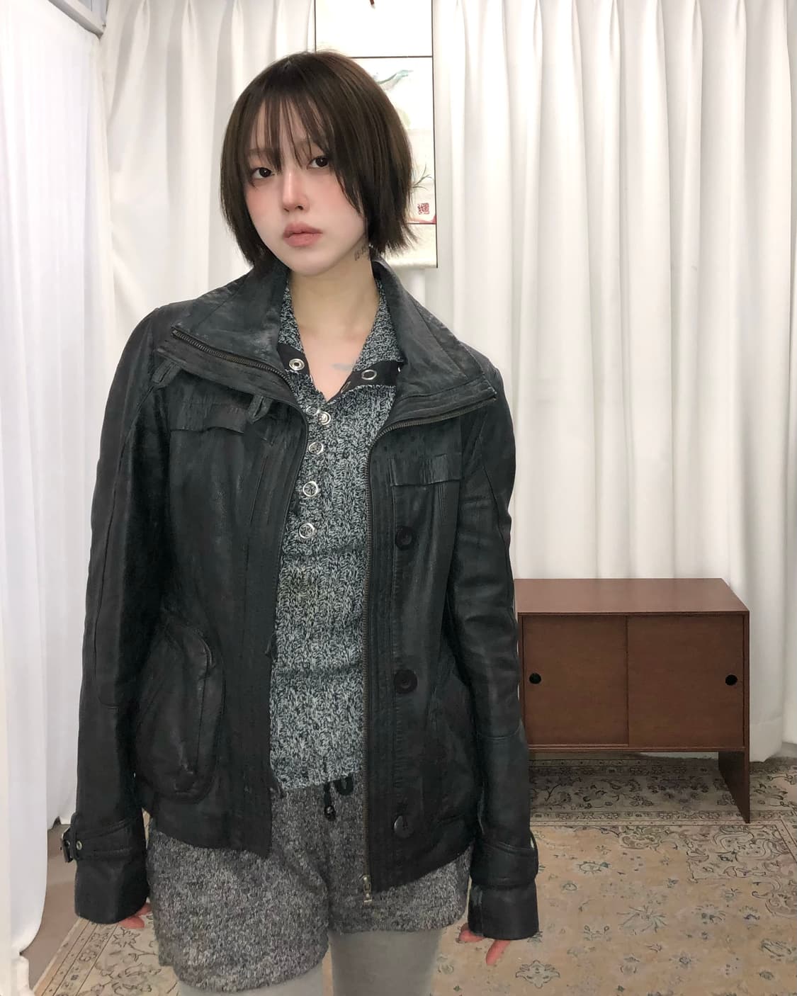 블랙 하이넥 양가죽 자켓 상품이미지3