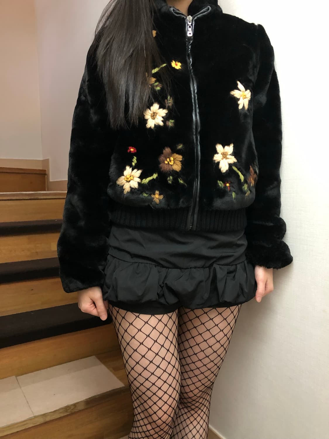 빈티지 ozoc 플라워 자수 에코 퍼 집업 상품이미지7