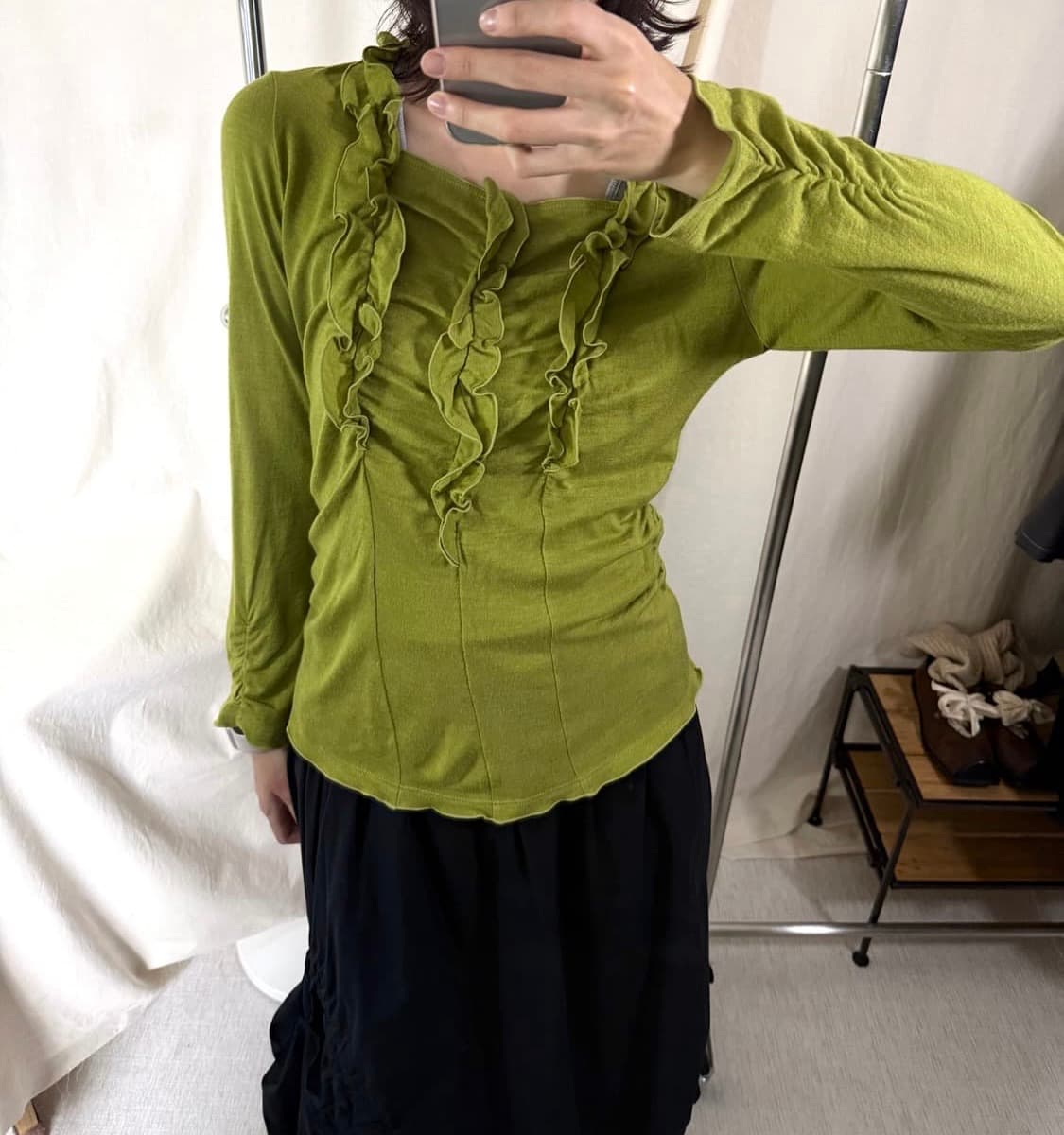 핀터깔 빈티지 완두콩 그린 프릴 티셔츠 상품이미지1