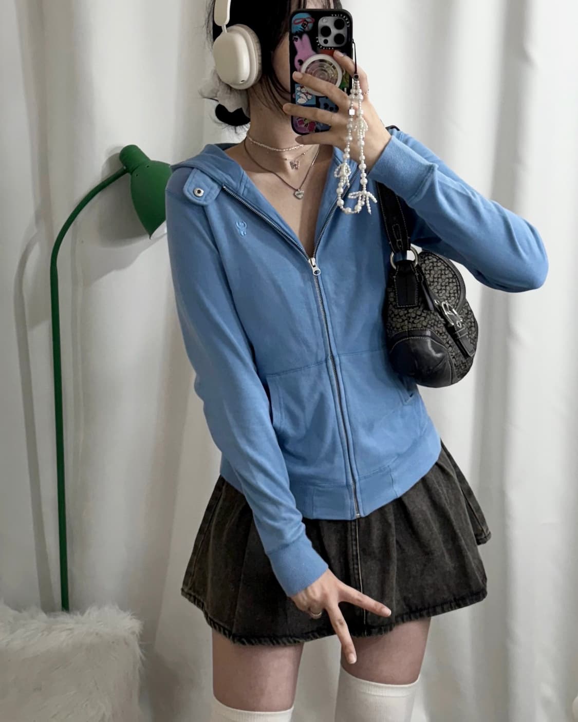 하늘색 넥 버튼 후드 집업 상품이미지3