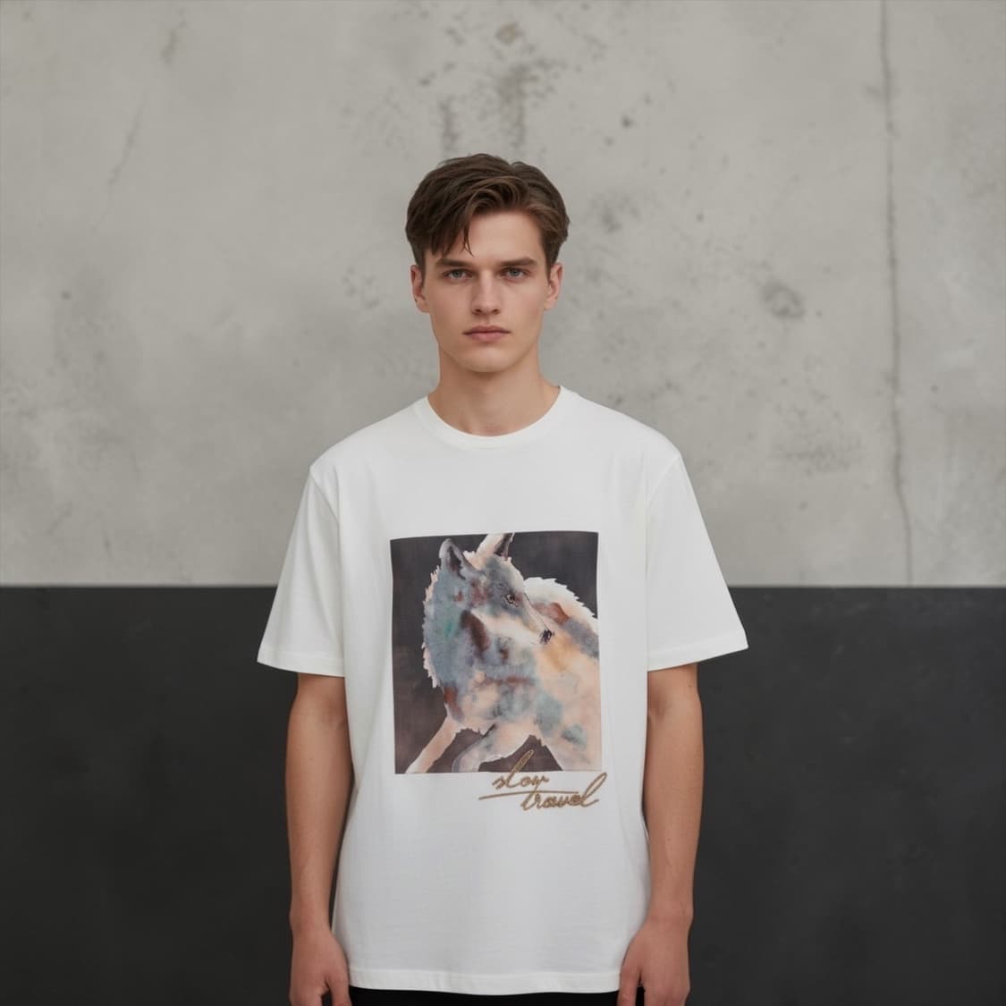 100/ 타임옴므 울프 프린팅 라운드 반팔 상품이미지1