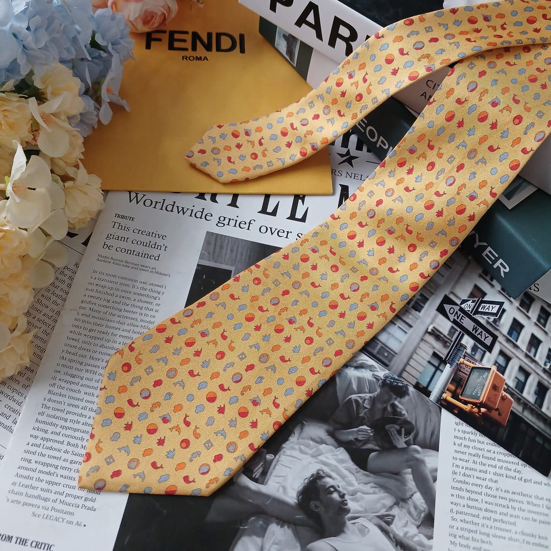 펜디 옐로우 어류 모티브 자카드 넥타이 9cm B등급 E924 상품이미지2