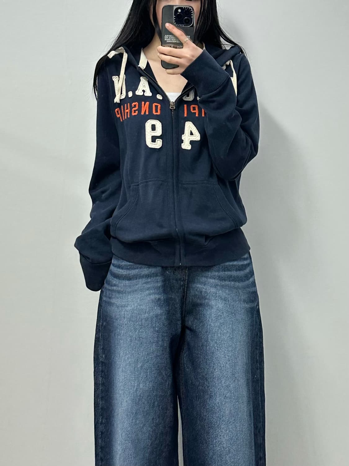 후아유 y2k 와투케 네이비 후드집업 상품이미지1