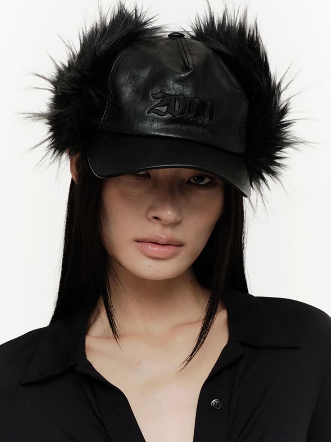 2000아카이브 퍼 이어플랩 캡 블랙 레더 상품이미지1