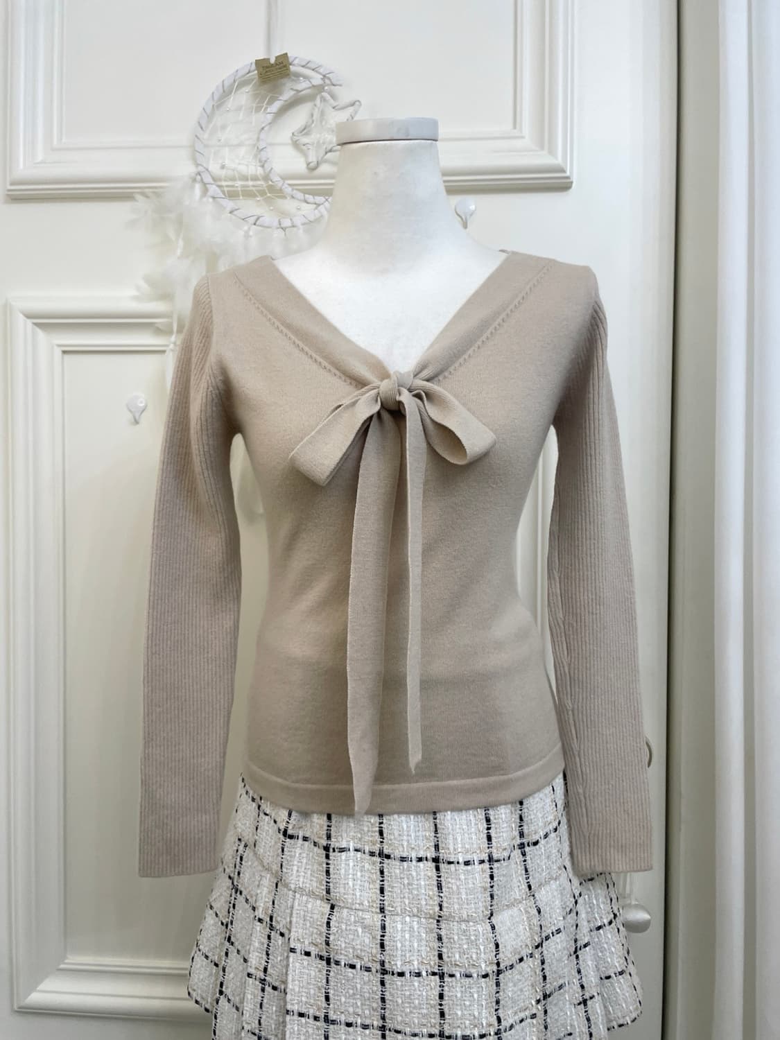 beige bow sleeve rib knit top(size-M) 상품이미지1