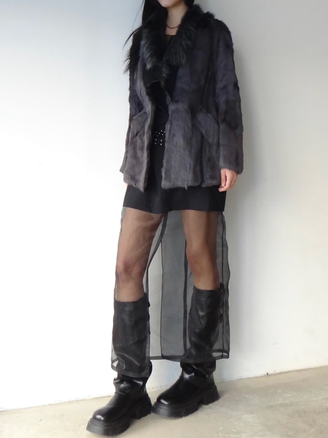 Stitch leather mix fur jacket / grey 상품이미지7