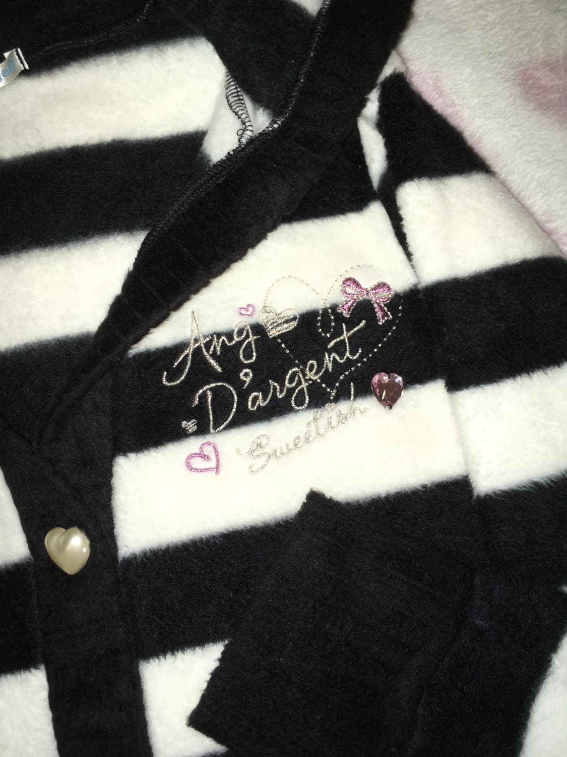 블랙 스트라이프 퍼 후드 가디건 하트쥬얼버튼 리본포켓 갸루 조지후쿠 상품이미지4