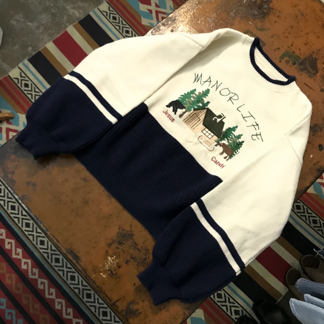 VTG 빈티지 크림 아이보리 자수 포인트 오바핏 스웨터 여성 프리사이즈 상품이미지4