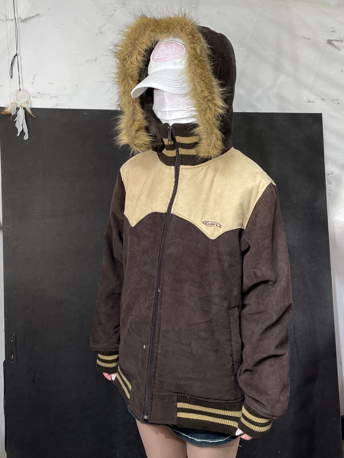 일본빈티지 CRU 울프죠 퍼 후드 브라운 패딩 크롭 자켓 M 상품이미지1