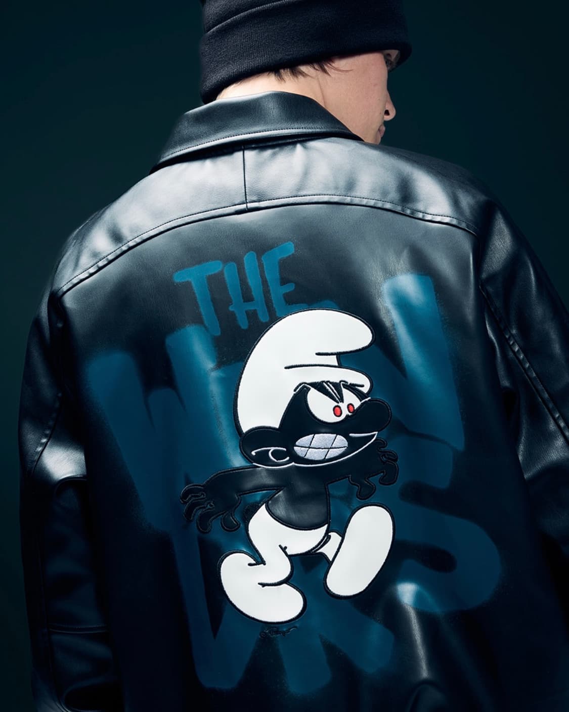 레더 위에 스머프? WKNDRS 스머프 그래픽 레더 자켓 M 상품이미지1