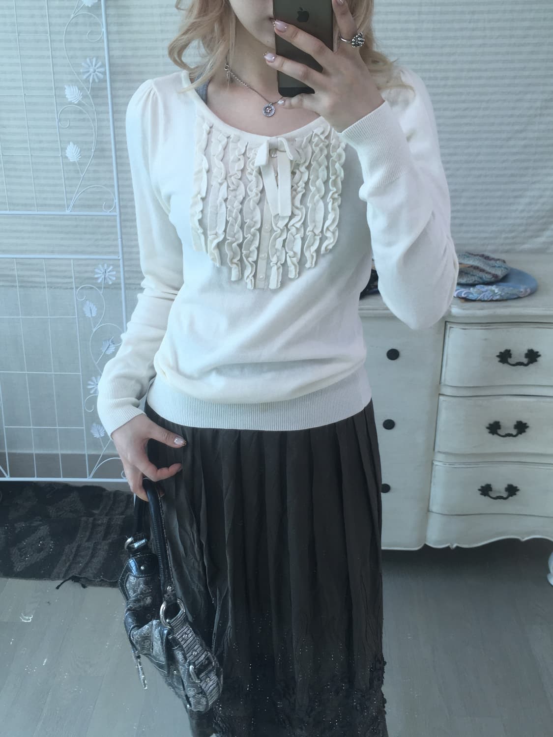 일본빈티지 아이보리 리본 프릴 니트 상품이미지1