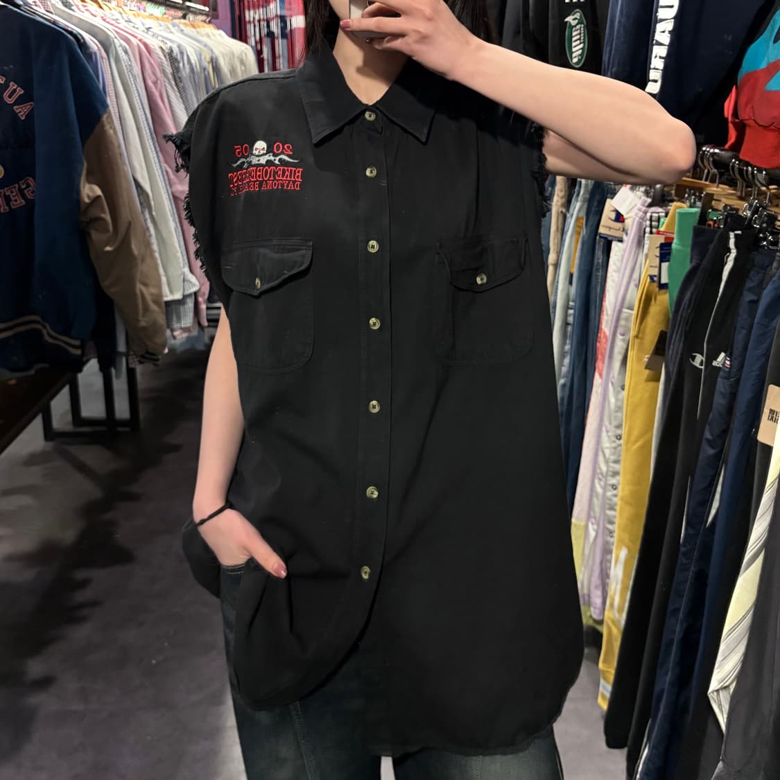 [IM] vtg 스컬 프린팅 컷오프 셔츠 베스트 블랙 상품이미지2