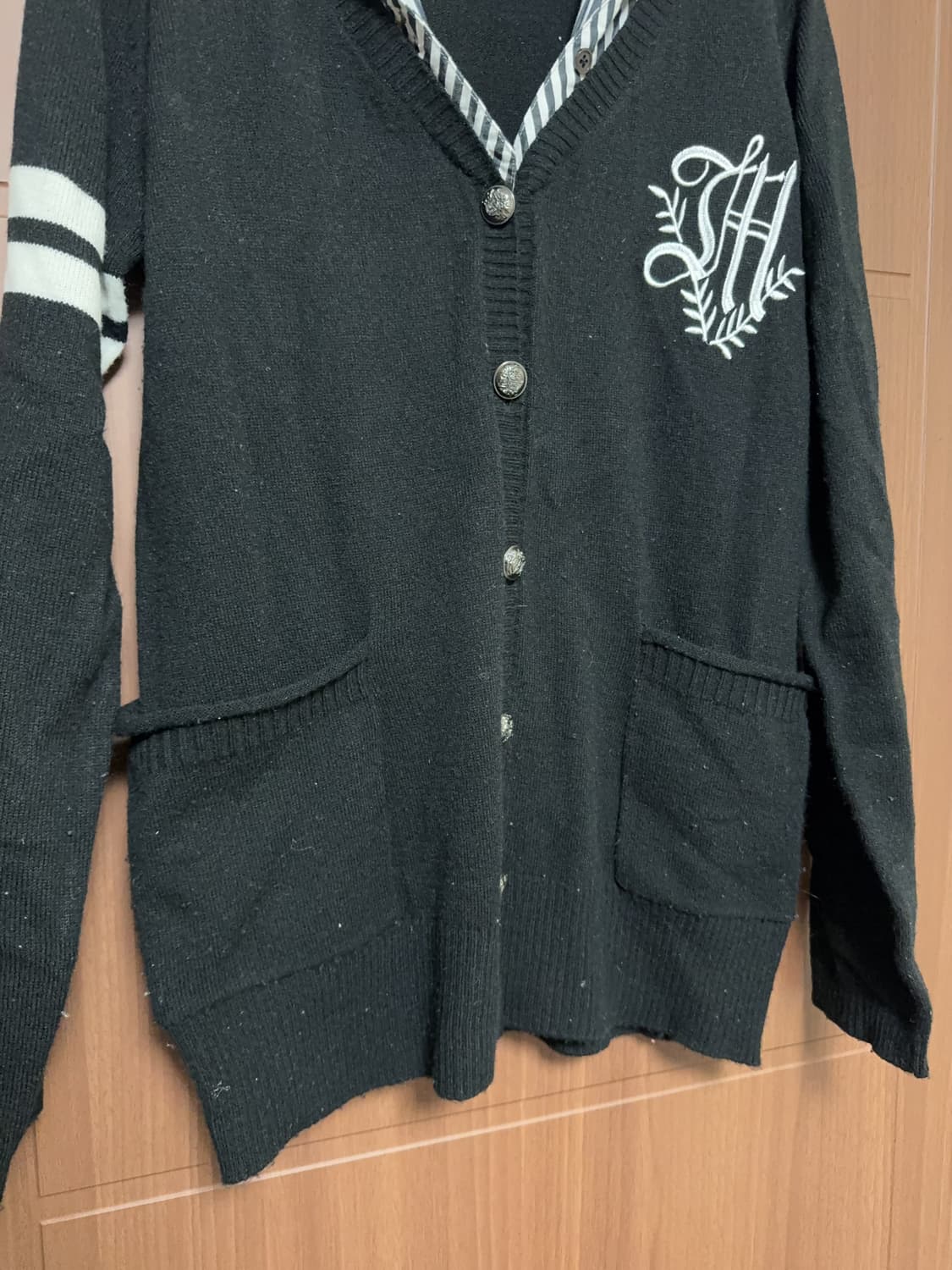 지뢰계 서브컬쳐 중성계 일본 빈티지 블랙 스트라이프 자수 니트 가디건 상품이미지5