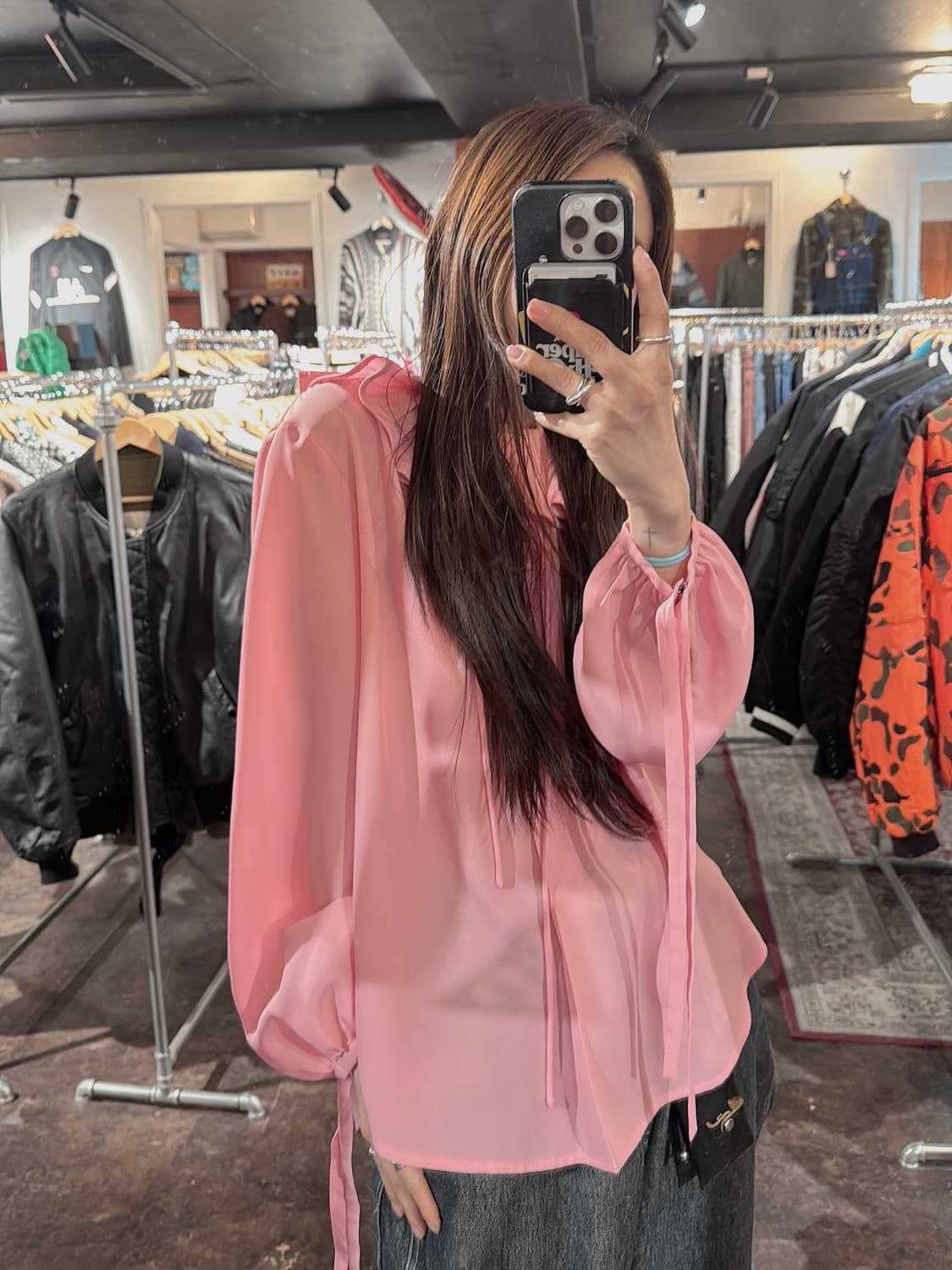 럭키슈에뜨 러플 카라 프릴 플리츠 리본 핑크 블라우스 셔츠 F 상품이미지9