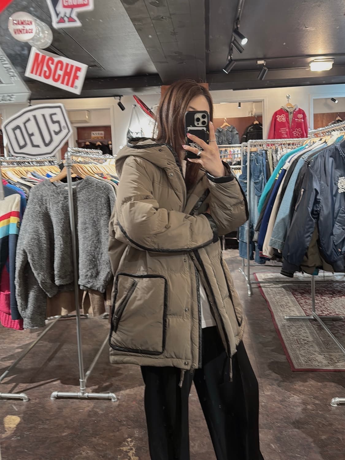 마쥬 maje 후드 덕다운 소가죽 배색 푸퍼 패딩 M 상품이미지9