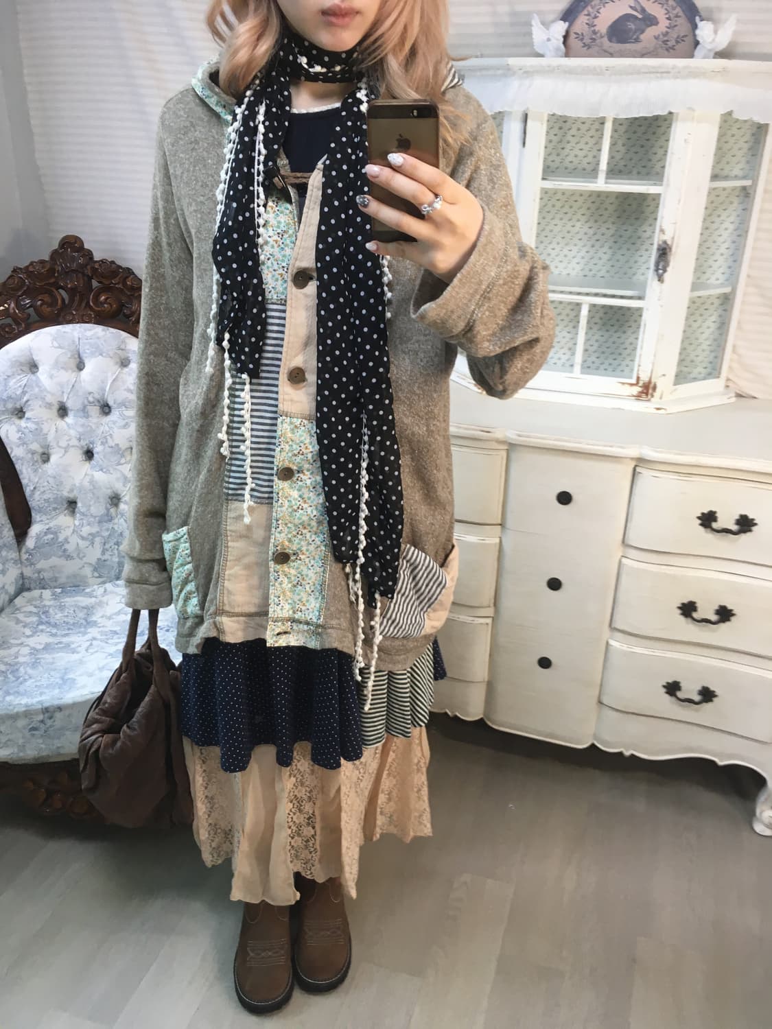 일본빈티지 하구미 모리 패치워크 후드 가디건 상품이미지4