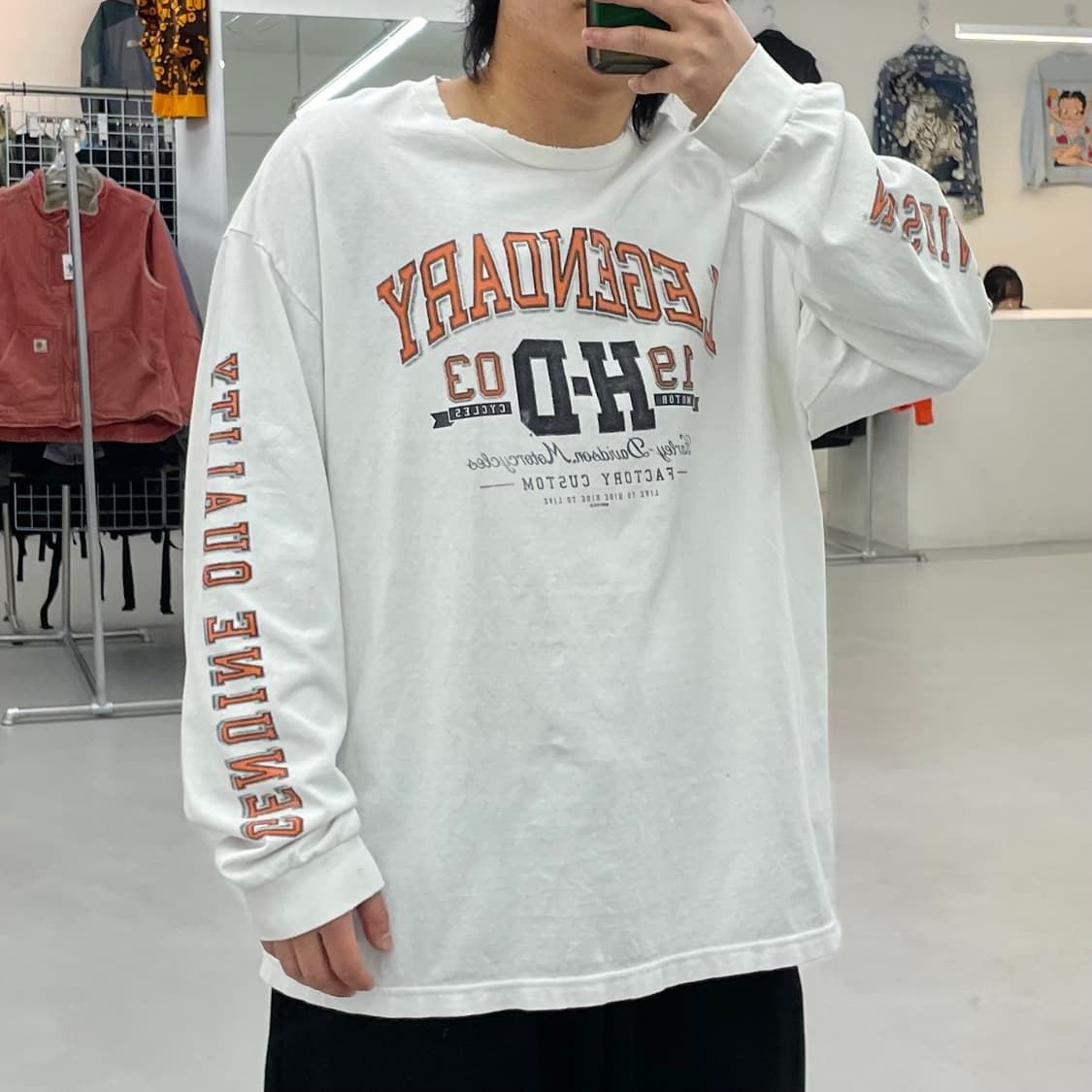 할리데이비슨 빅로고 빈티지 바이크 그래픽 롱슬리브 긴팔 티셔츠 화이트 상품이미지1