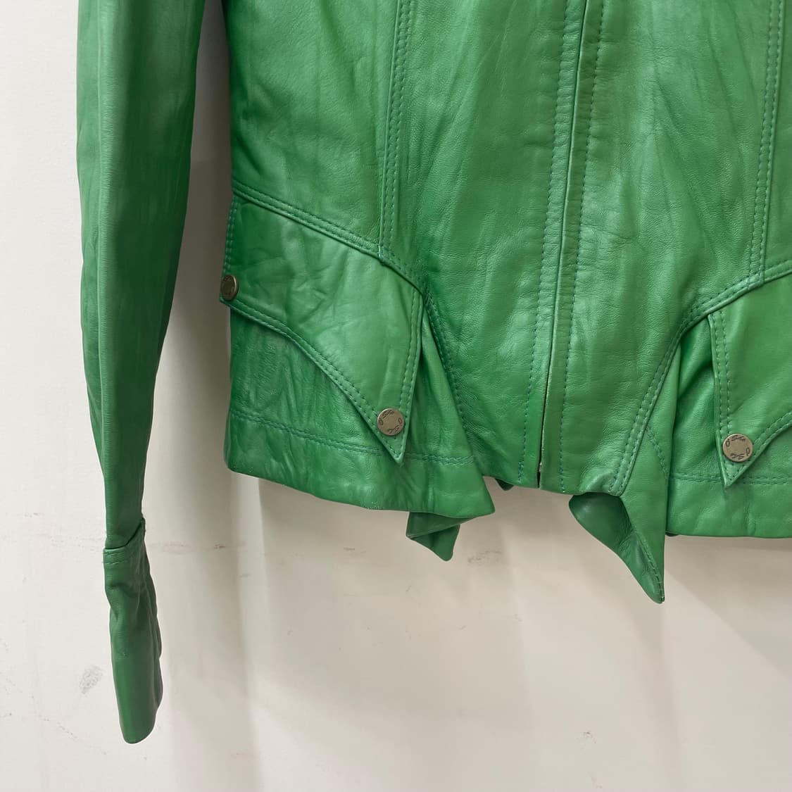 Y2K 하이넥 그린 리얼 레더 셔링 레더 자켓 상품이미지3