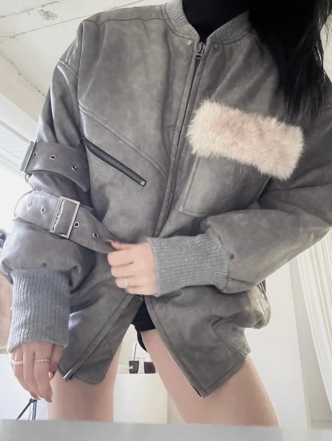 에트오소메 레더 클래식 사이드 벨트 봄버 자켓 상품이미지3